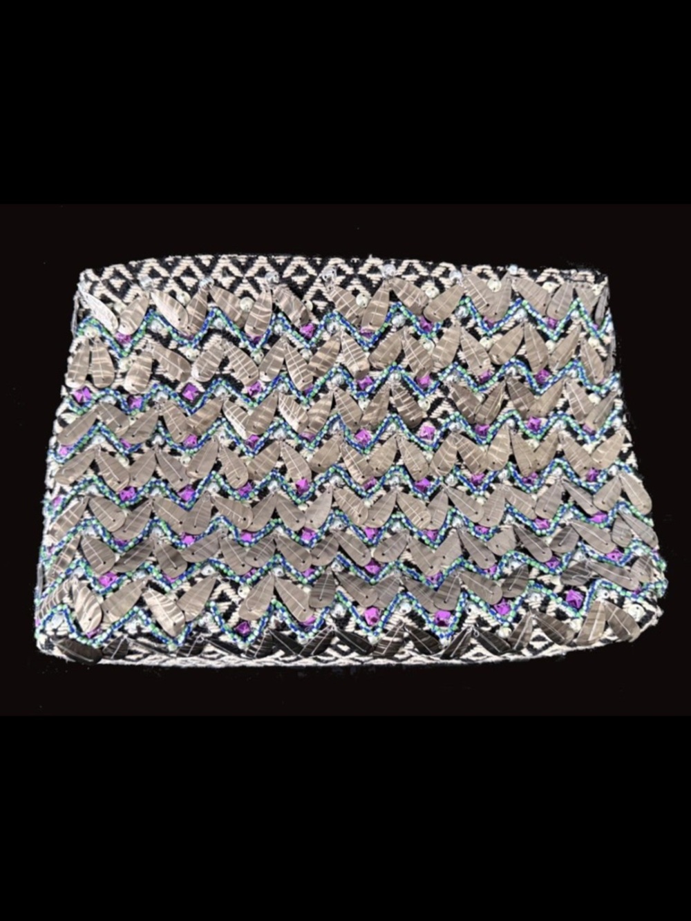 Essentiel Antwerp Beaded Leaf Sequin Clutch Bag Purple Crystal Embellished Woven
